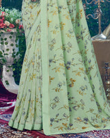 Vishal Prints Mist Green Printed Georgette Saree With Fancy Border