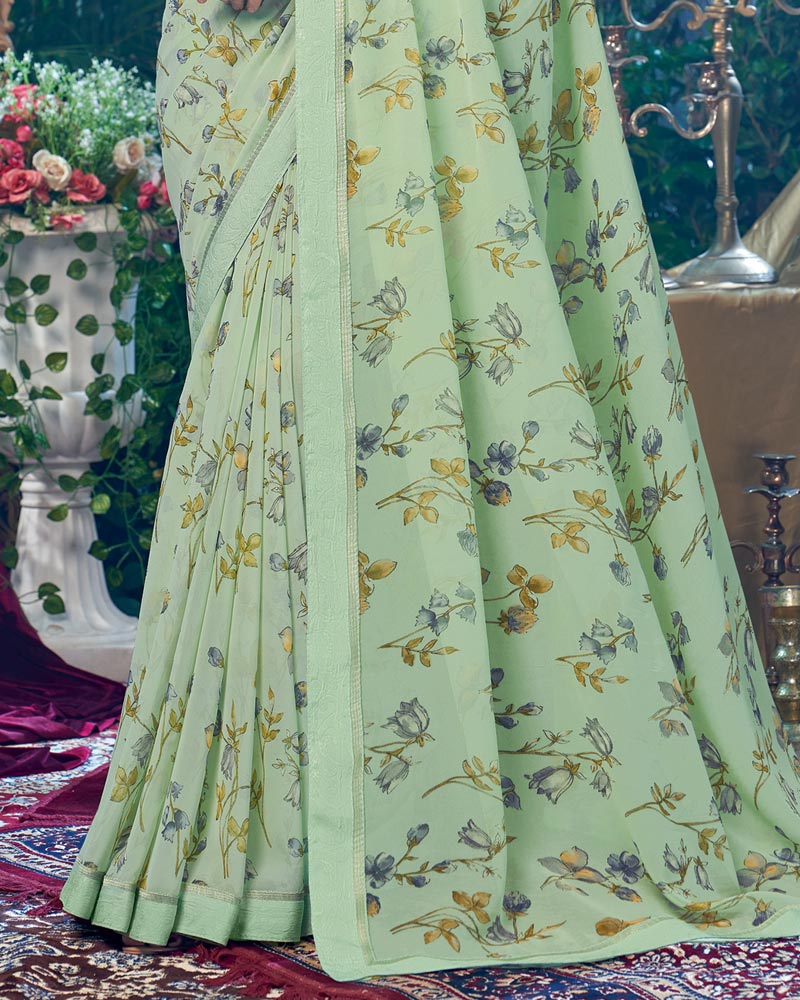 Vishal Prints Mist Green Printed Georgette Saree With Fancy Border