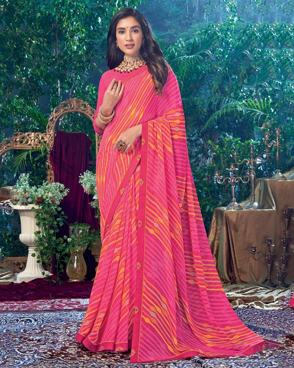 Vishal Prints Red Pink Printed Georgette Saree With Fancy Border
