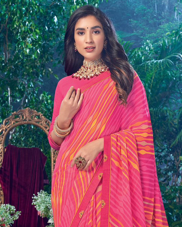 Vishal Prints Red Pink Printed Georgette Saree With Fancy Border