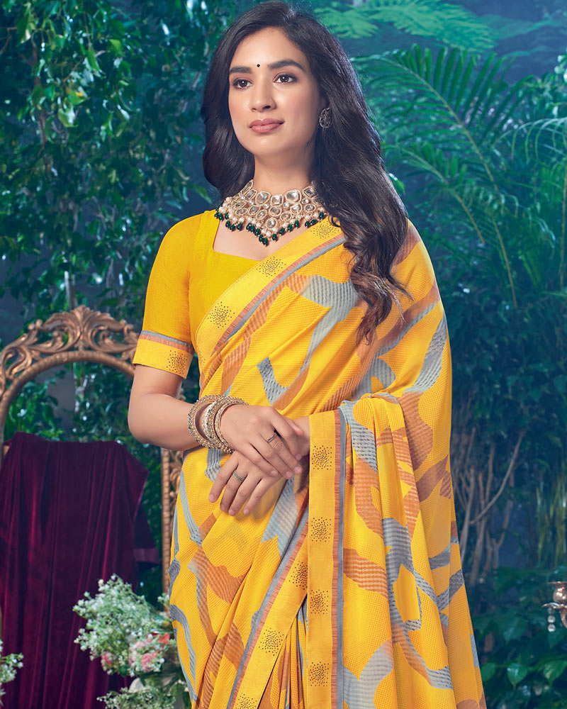 Vishal Prints Dark Yellow Printed Georgette Saree With Fancy Border