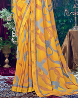 Vishal Prints Dark Yellow Printed Georgette Saree With Fancy Border