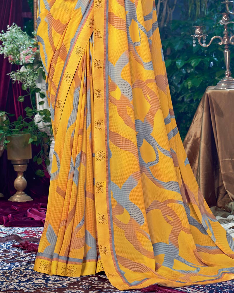 Vishal Prints Dark Yellow Printed Georgette Saree With Fancy Border