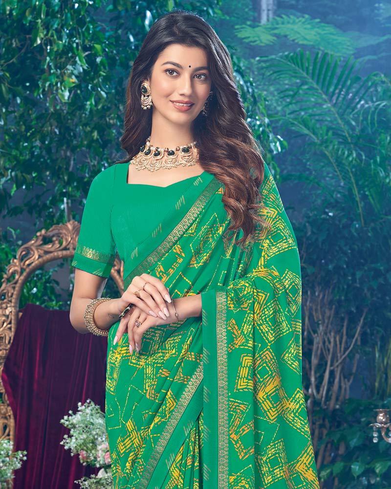 Vishal Prints Dark Mint Green Printed Georgette Saree With Fancy Border