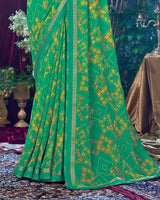 Vishal Prints Dark Mint Green Printed Georgette Saree With Fancy Border
