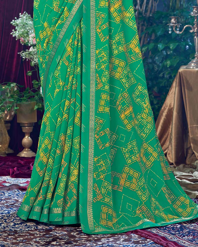Vishal Prints Dark Mint Green Printed Georgette Saree With Fancy Border