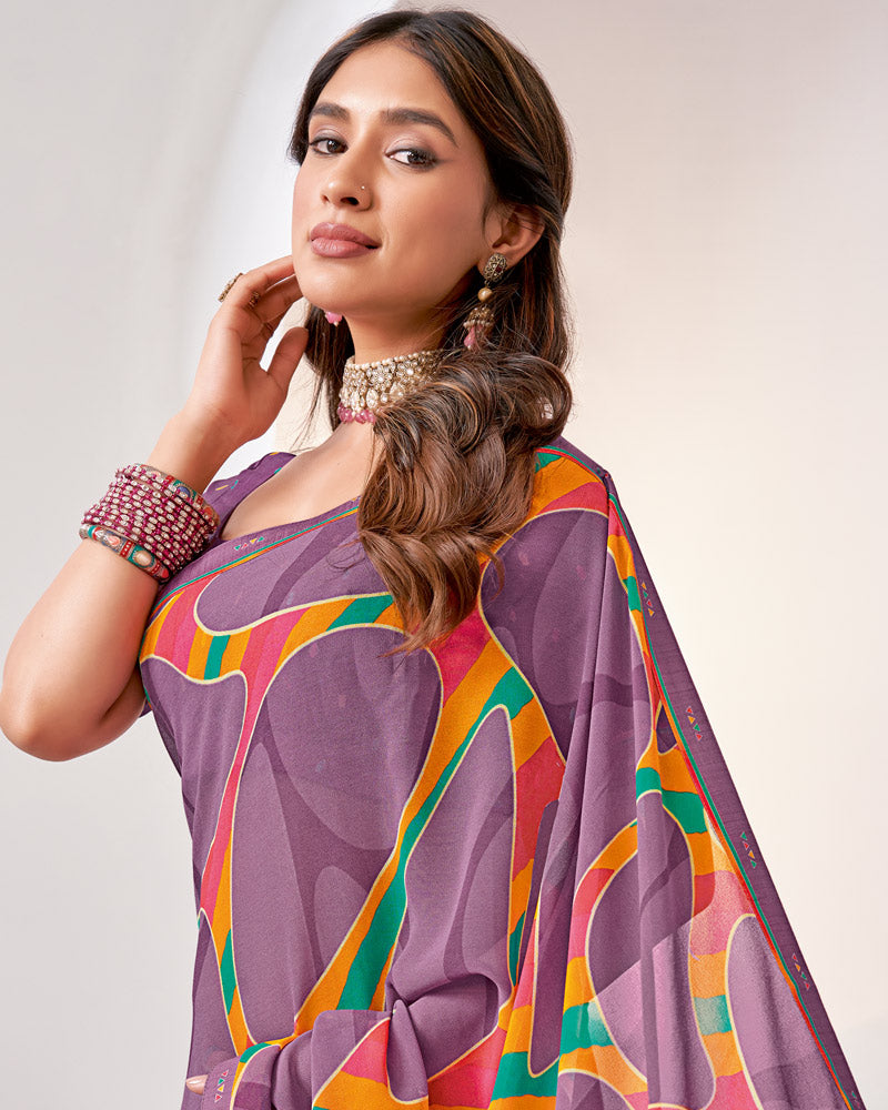 Vishal Prints Mauve Printed Georgette Saree With Fancy Border