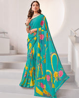 Vishal Prints Pastel Teal Green Printed Georgette Saree With Fancy Border
