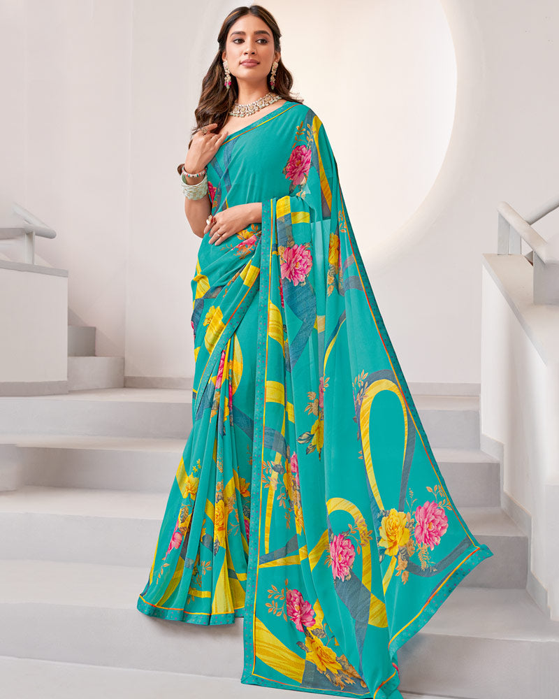 Vishal Prints Pastel Teal Green Printed Georgette Saree With Fancy Border