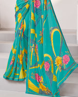 Vishal Prints Pastel Teal Green Printed Georgette Saree With Fancy Border