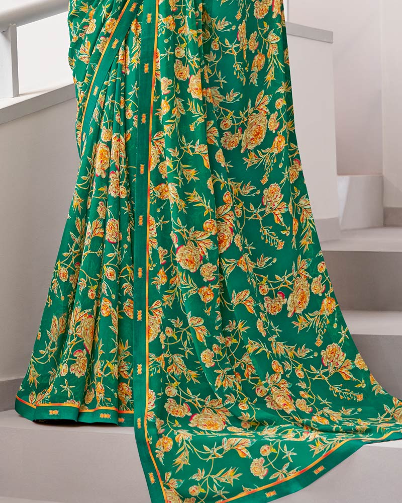 Vishal Prints Dark Green Printed Georgette Saree With Fancy Border
