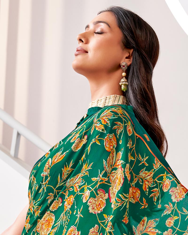 Vishal Prints Dark Green Printed Georgette Saree With Fancy Border