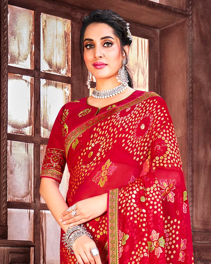 Vishal Prints Cherry Red Brasso Saree With Foil Print And Zari Border