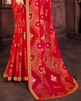 Vishal Prints Cherry Red Brasso Saree With Foil Print And Zari Border