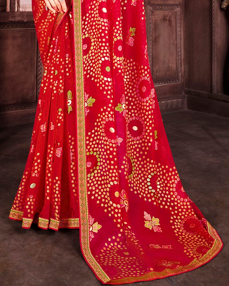 Vishal Prints Cherry Red Brasso Saree With Foil Print And Zari Border