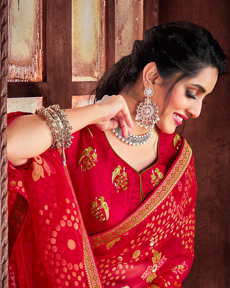 Vishal Prints Cherry Red Brasso Saree With Foil Print And Zari Border
