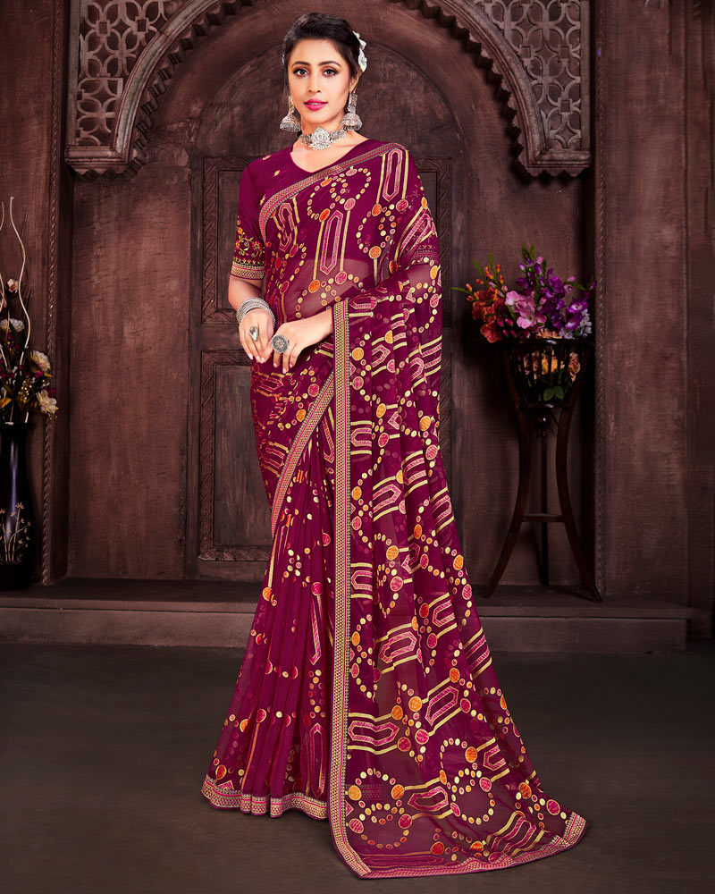 Vishal Prints Maroon Brasso Saree With Foil Print And Zari Border