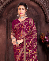 Vishal Prints Maroon Brasso Saree With Foil Print And Zari Border