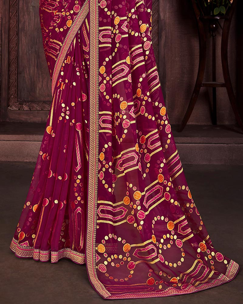 Vishal Prints Maroon Brasso Saree With Foil Print And Zari Border