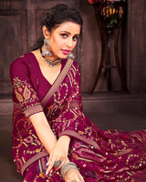 Vishal Prints Maroon Brasso Saree With Foil Print And Zari Border