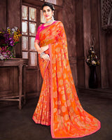 Vishal Prints Orange Brasso Saree With Foil Print And Zari Border