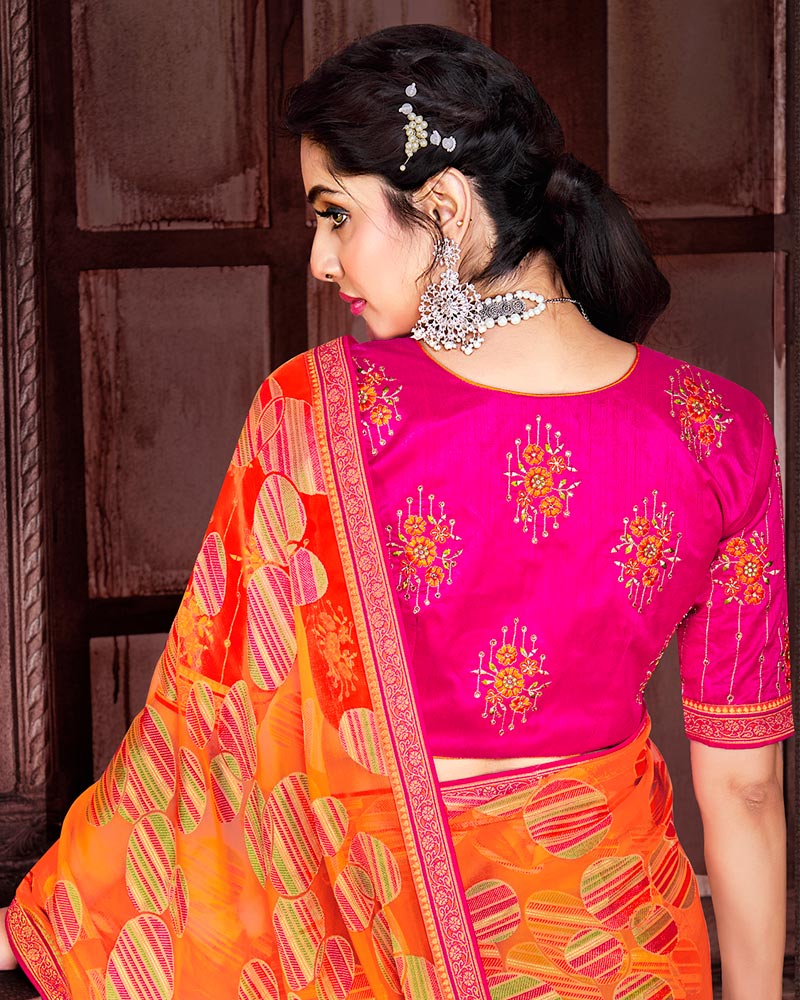 Vishal Prints Orange Brasso Saree With Foil Print And Zari Border