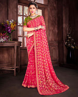 Vishal Prints Cherry Red Brasso Saree With Foil Print And Zari Border