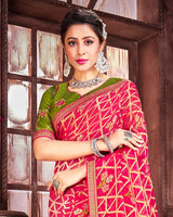 Vishal Prints Cherry Red Brasso Saree With Foil Print And Zari Border