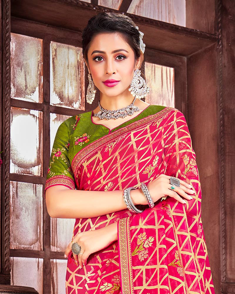 Vishal Prints Cherry Red Brasso Saree With Foil Print And Zari Border