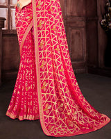 Vishal Prints Cherry Red Brasso Saree With Foil Print And Zari Border
