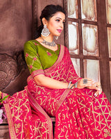 Vishal Prints Cherry Red Brasso Saree With Foil Print And Zari Border