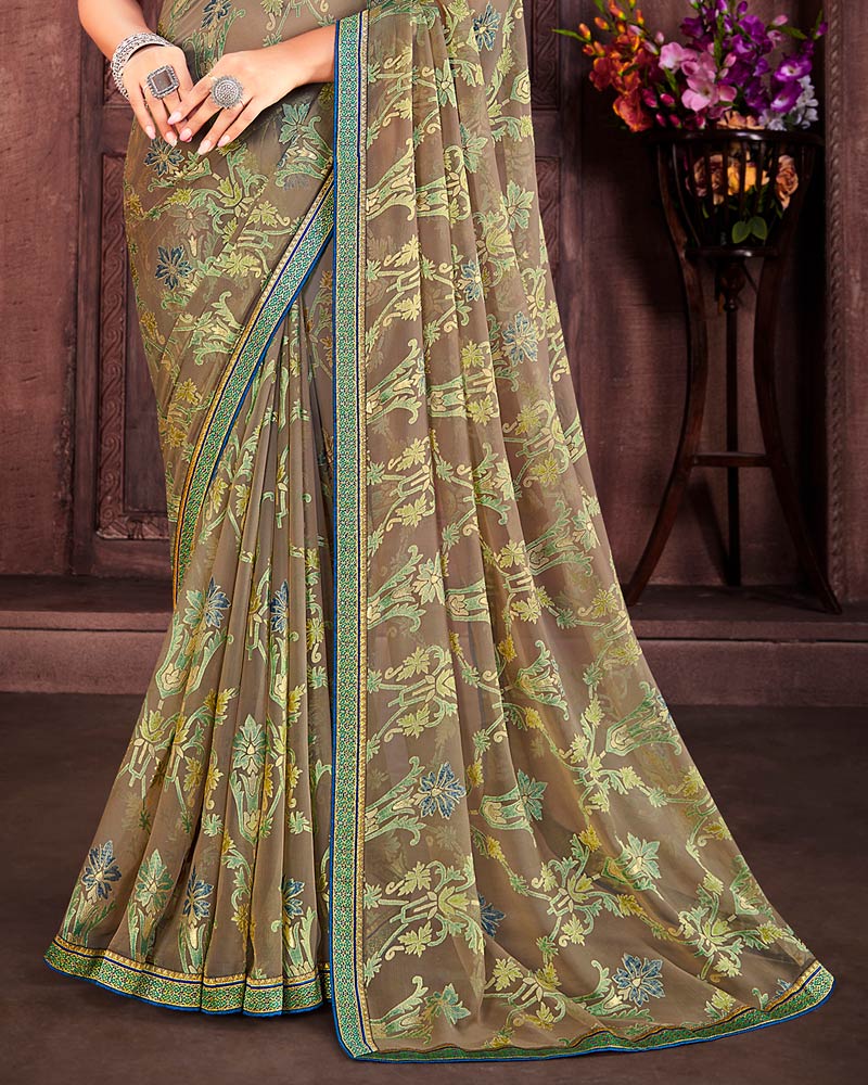 Vishal Prints Light Brown Brasso Saree With Foil Print And Zari Border