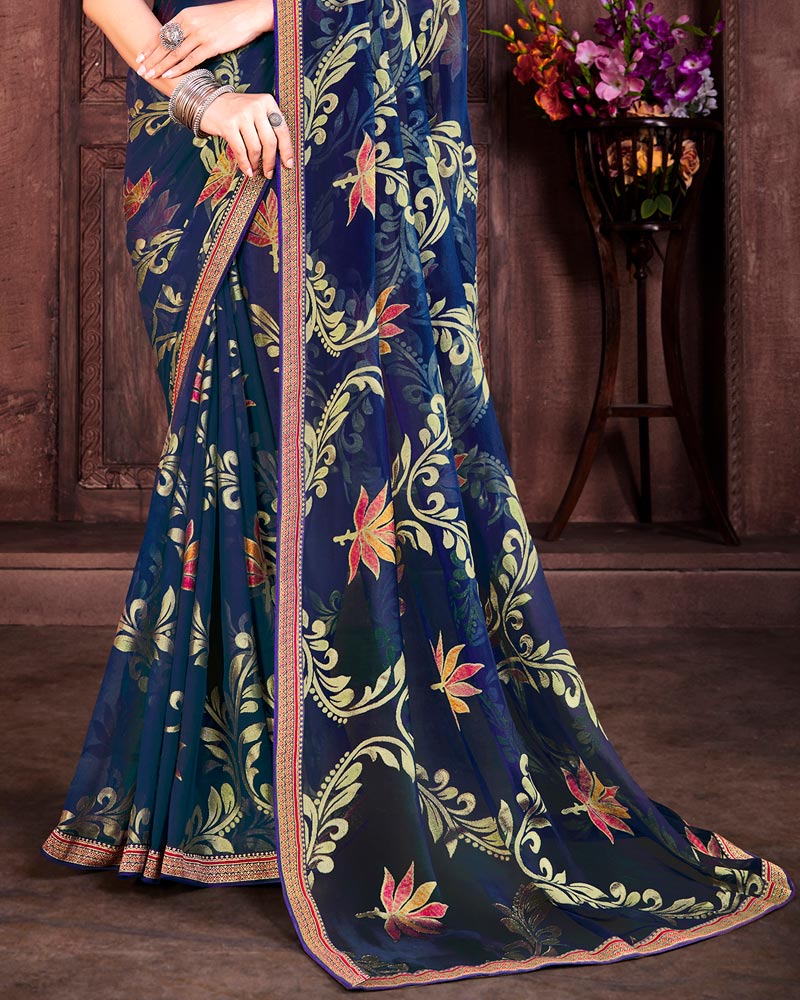 Vishal Prints Blue Brasso Saree With Foil Print And Zari Border