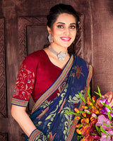 Vishal Prints Blue Brasso Saree With Foil Print And Zari Border