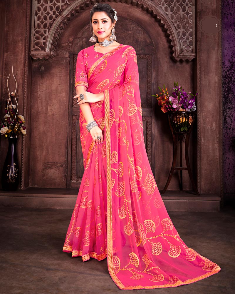 Vishal Prints Pink Brasso Saree With Foil Print And Zari Border