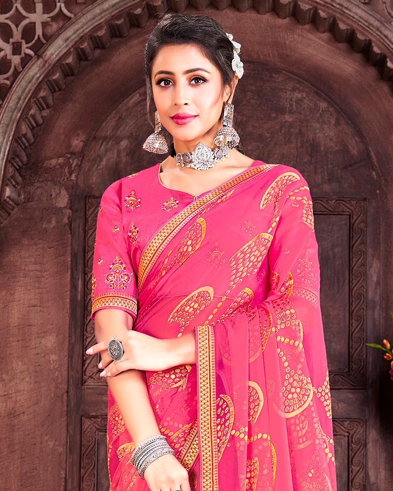 Vishal Prints Pink Brasso Saree With Foil Print And Zari Border