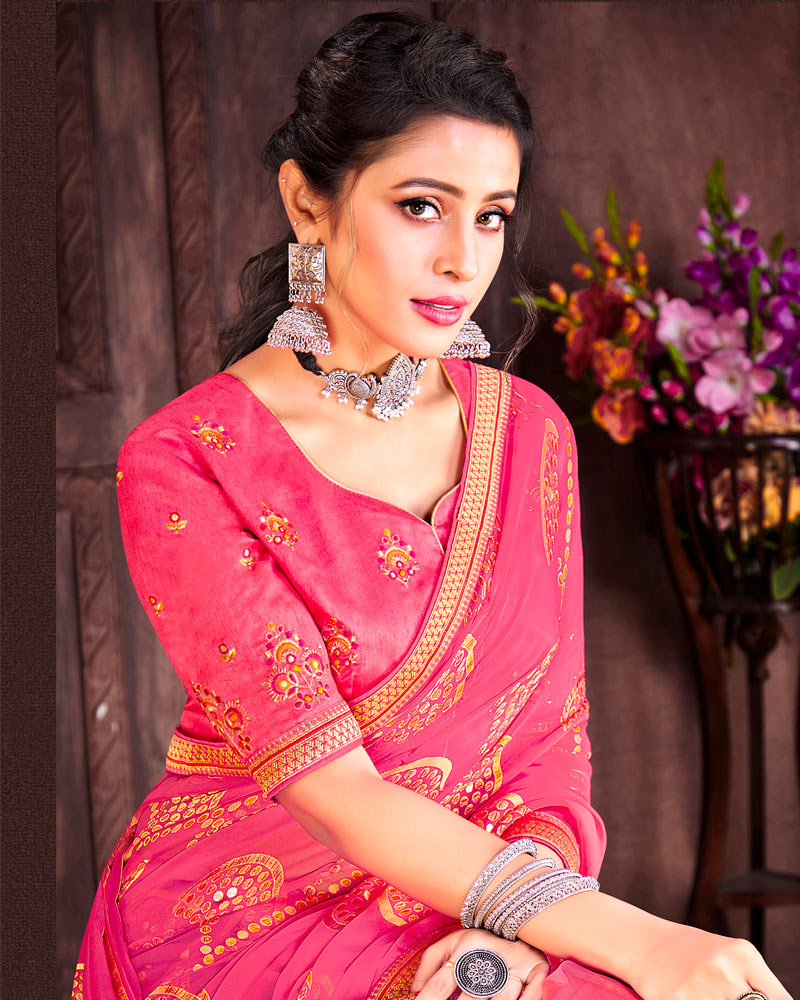 Vishal Prints Pink Brasso Saree With Foil Print And Zari Border