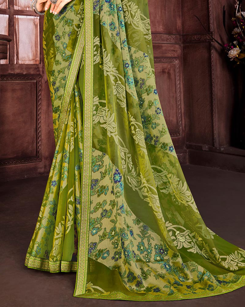 Vishal Prints Green Brasso Saree With Foil Print And Zari Border