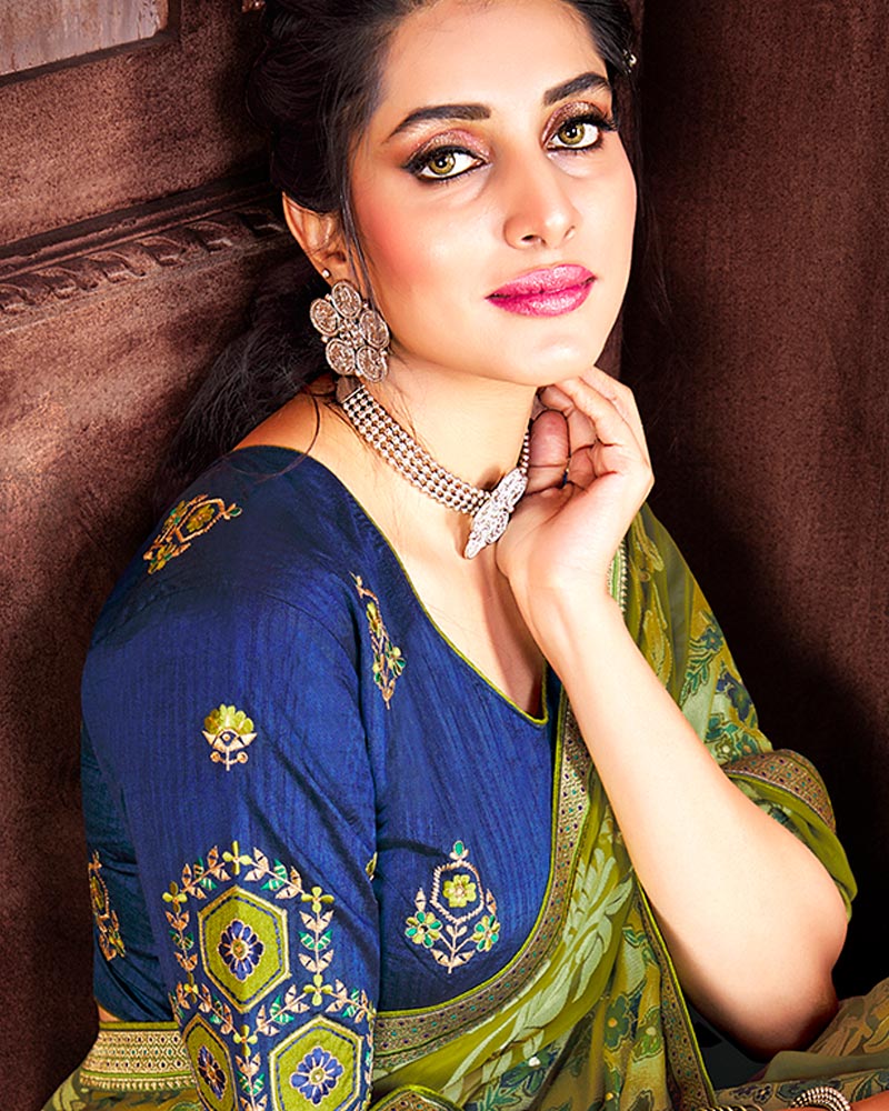 Vishal Prints Green Brasso Saree With Foil Print And Zari Border