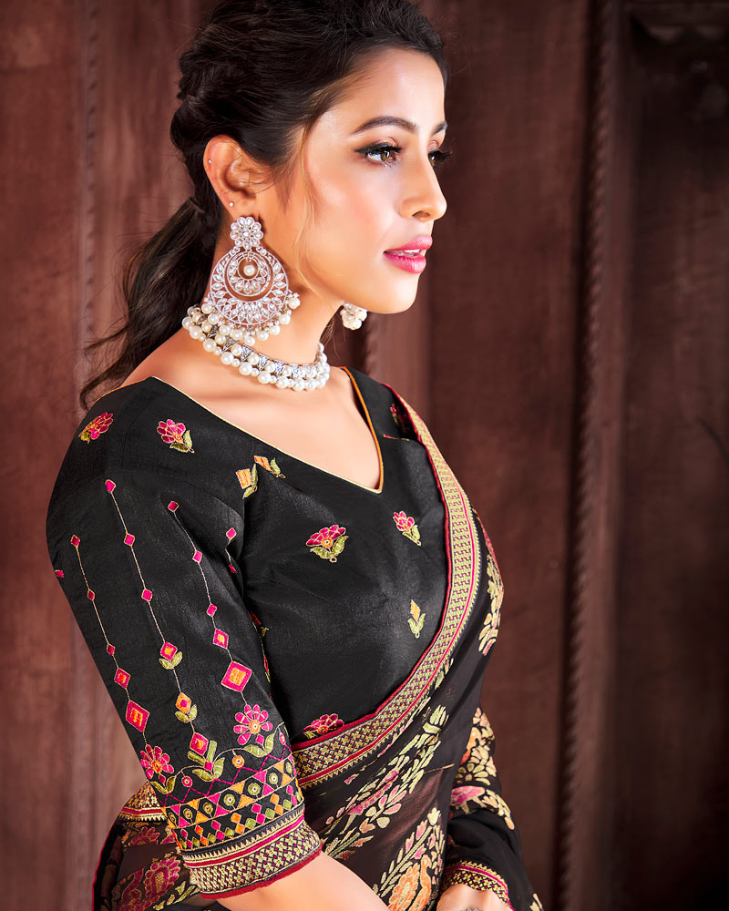 Vishal Prints Black Brasso Saree With Foil Print And Zari Border