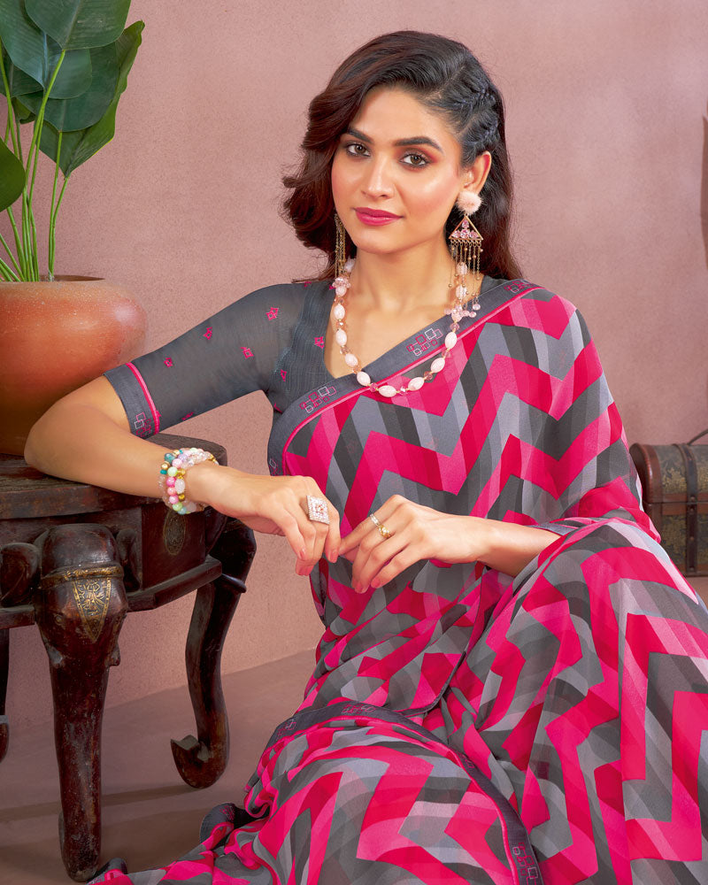 Vishal Prints Multi Grey Printed Georgette Saree With Fancy Border