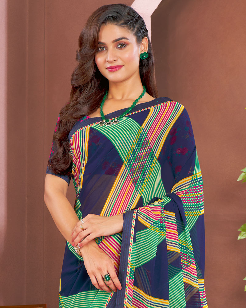 Vishal Prints Navy Blue Printed Georgette Saree With Fancy Border