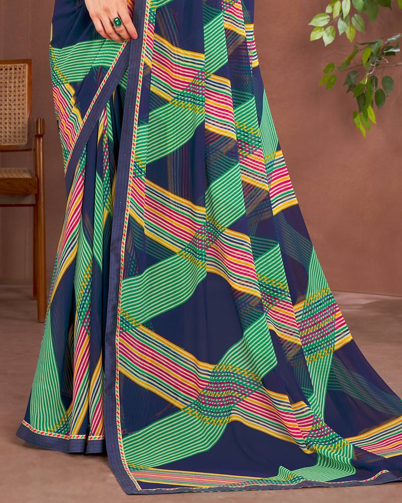 Vishal Prints Navy Blue Printed Georgette Saree With Fancy Border