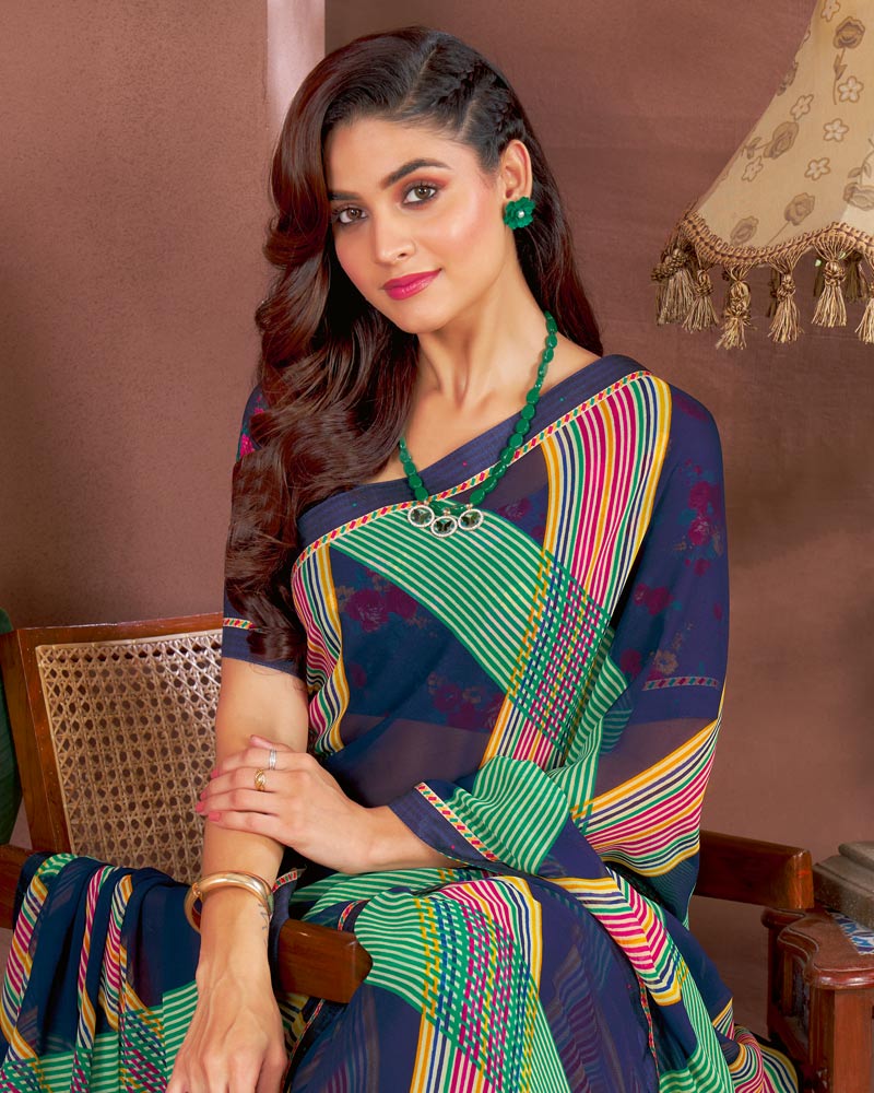 Vishal Prints Navy Blue Printed Georgette Saree With Fancy Border