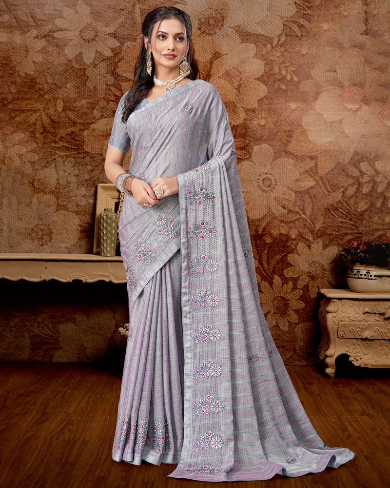 Vishal Prints Cool Grey Designer Chiffon Saree With Embroidery Work And Core Piping