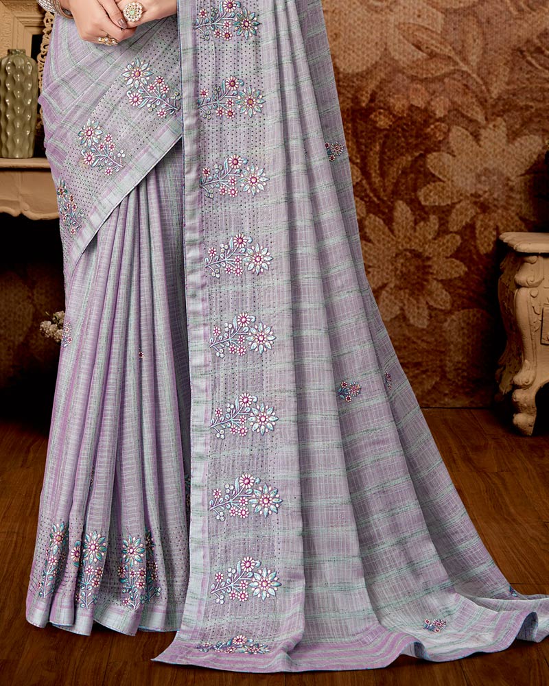 Vishal Prints Cool Grey Designer Chiffon Saree With Embroidery Work And Core Piping