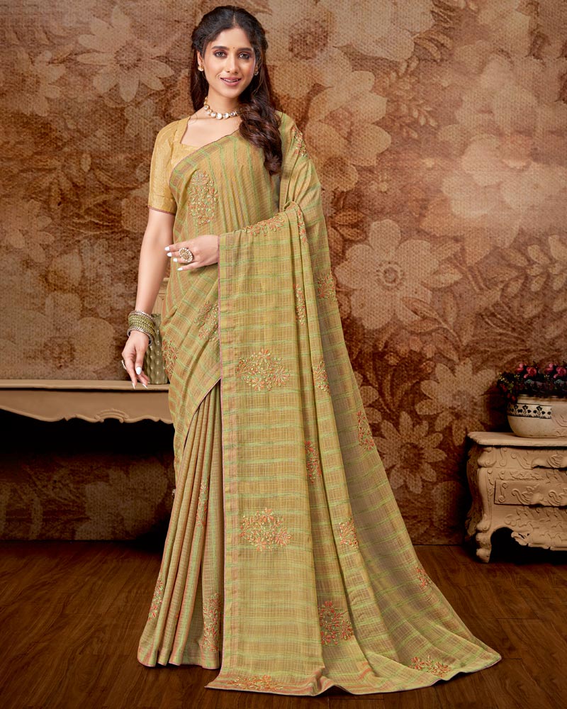 Vishal Prints Pastel Olive Designer Chiffon Saree With Embroidery Work And Core Piping
