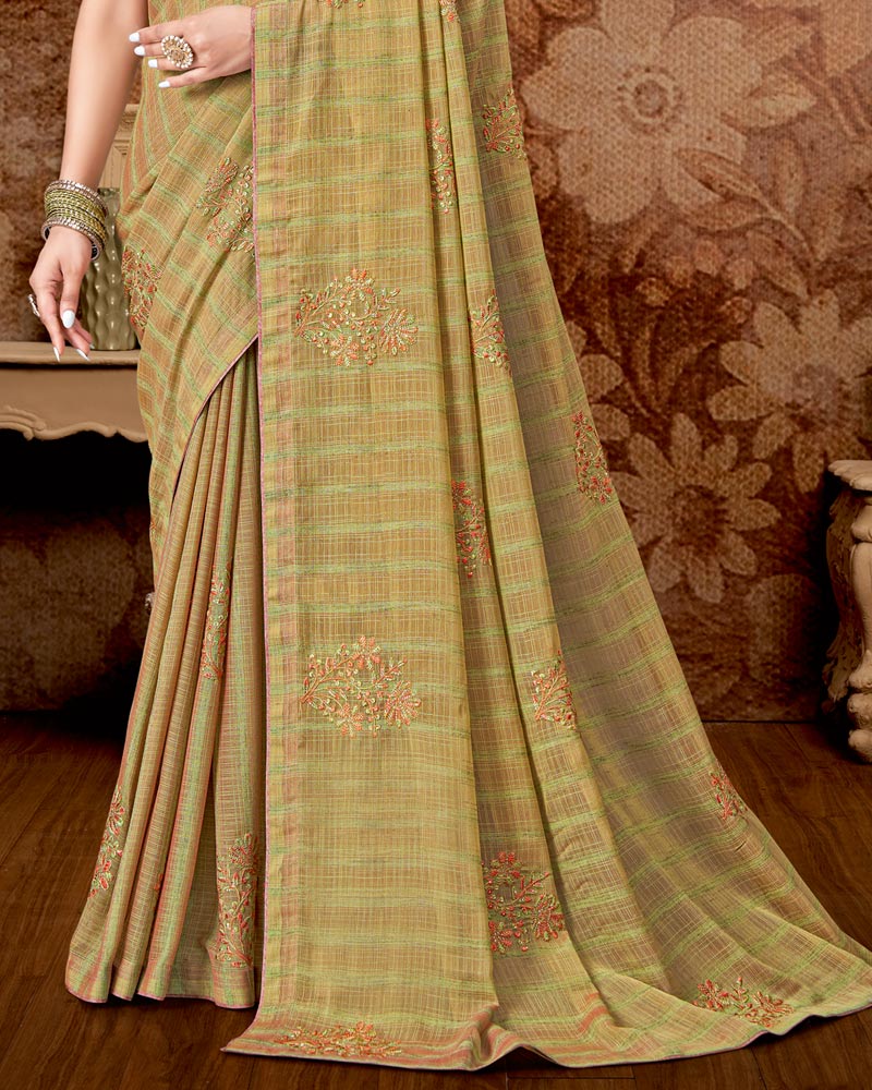 Vishal Prints Pastel Olive Designer Chiffon Saree With Embroidery Work And Core Piping