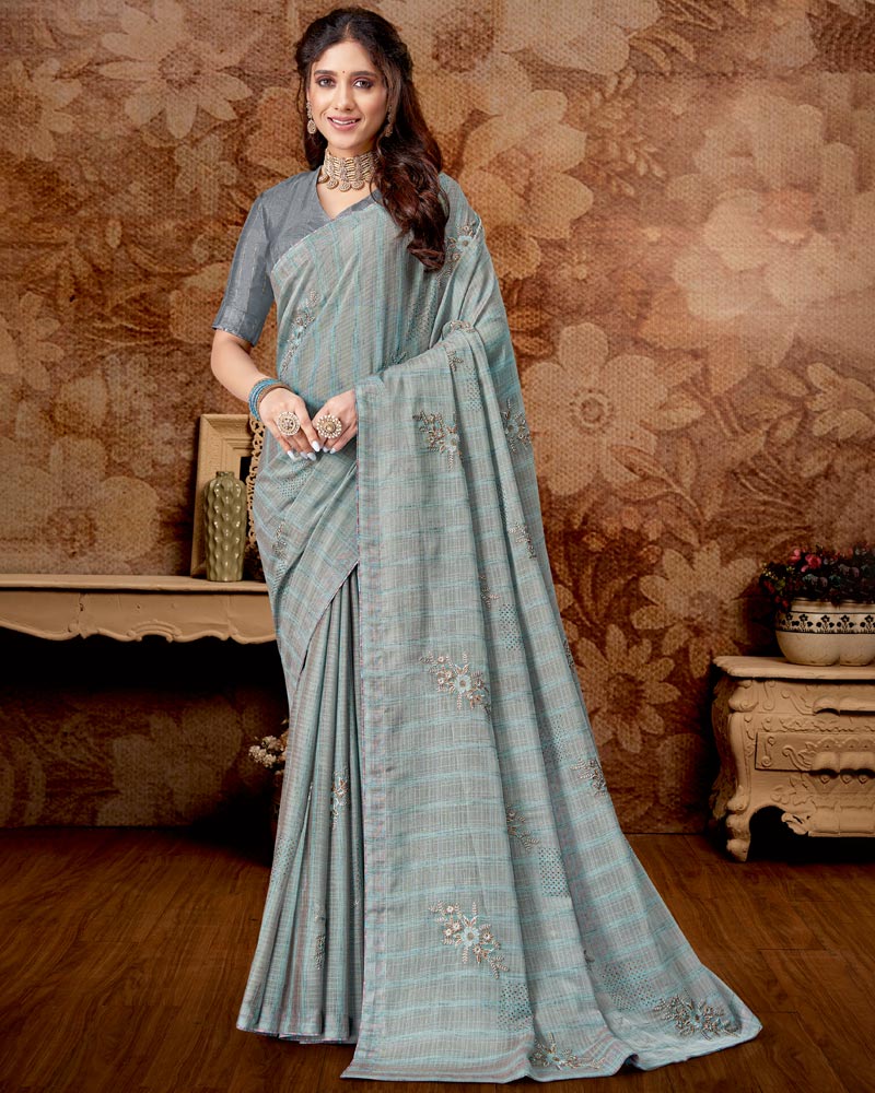 Vishal Prints Grey Designer Chiffon Saree With Embroidery Work And Core Piping