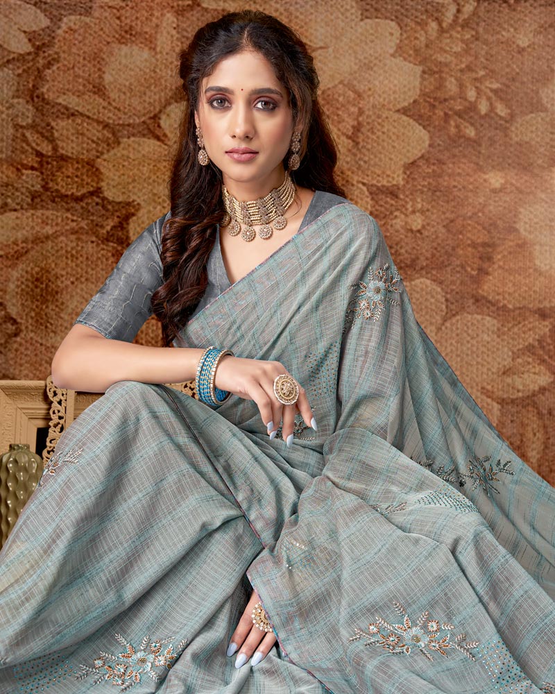 Vishal Prints Grey Designer Chiffon Saree With Embroidery Work And Core Piping